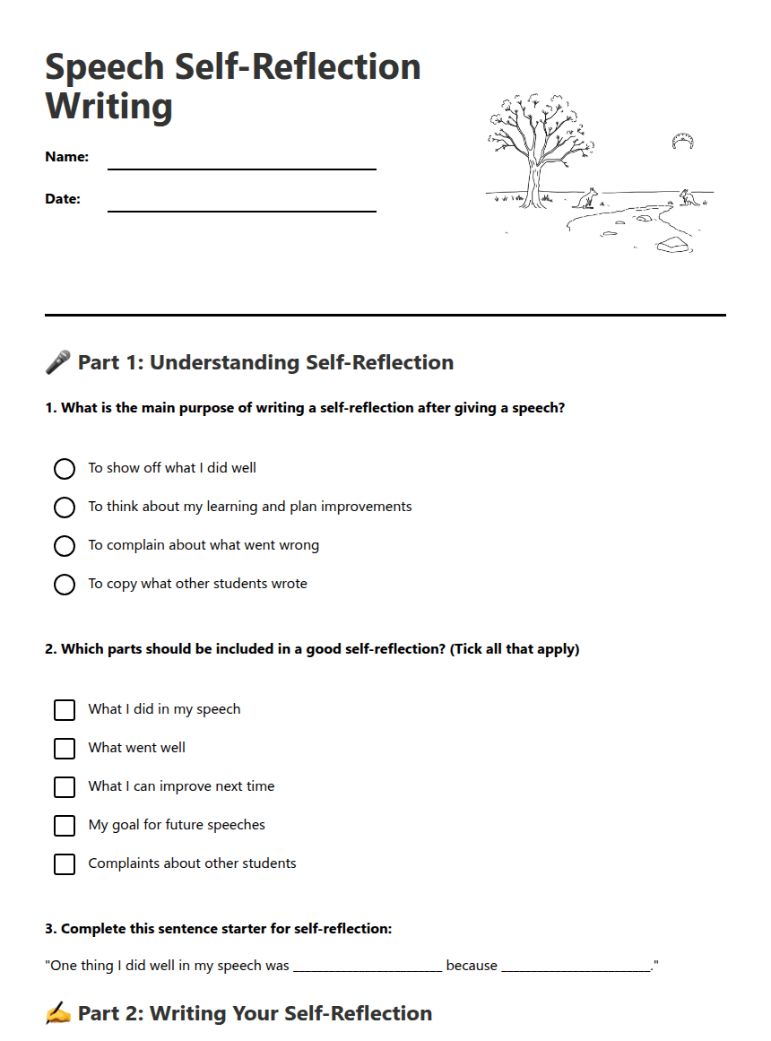 Speech Self-Reflection Writing worksheet preview