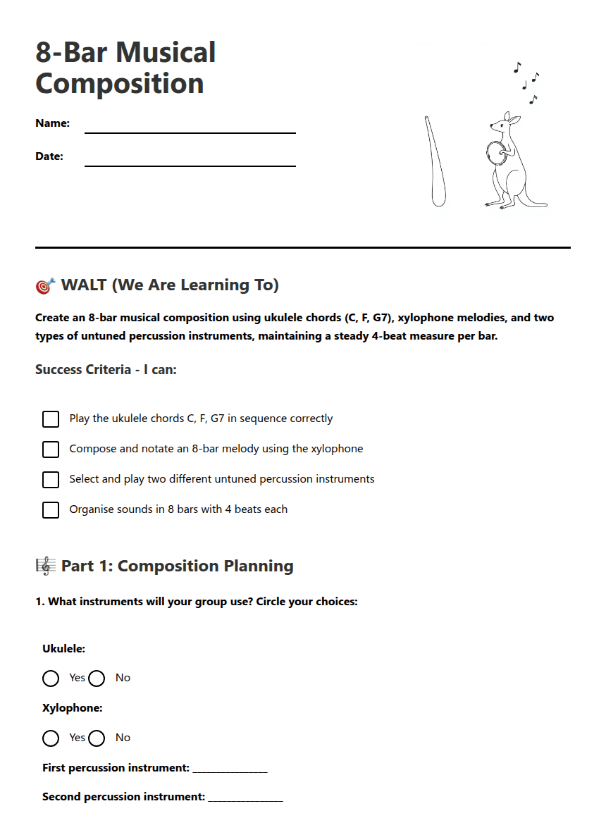 8-Bar Musical Composition worksheet preview