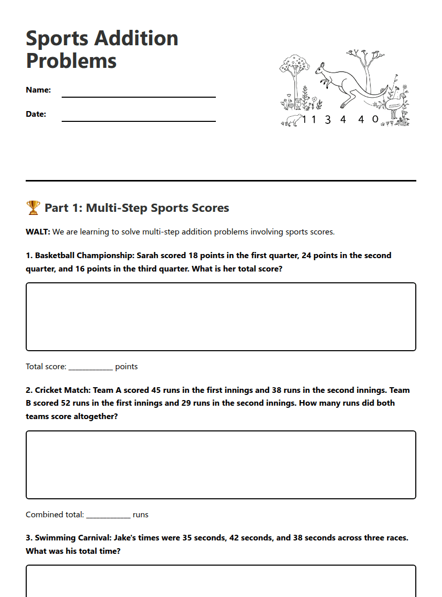 Sports Addition Problems worksheet preview