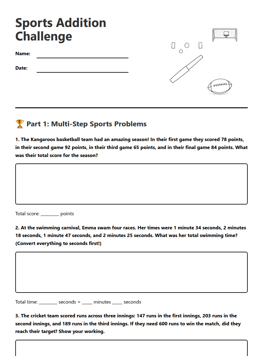 Sports Addition Challenge worksheet preview