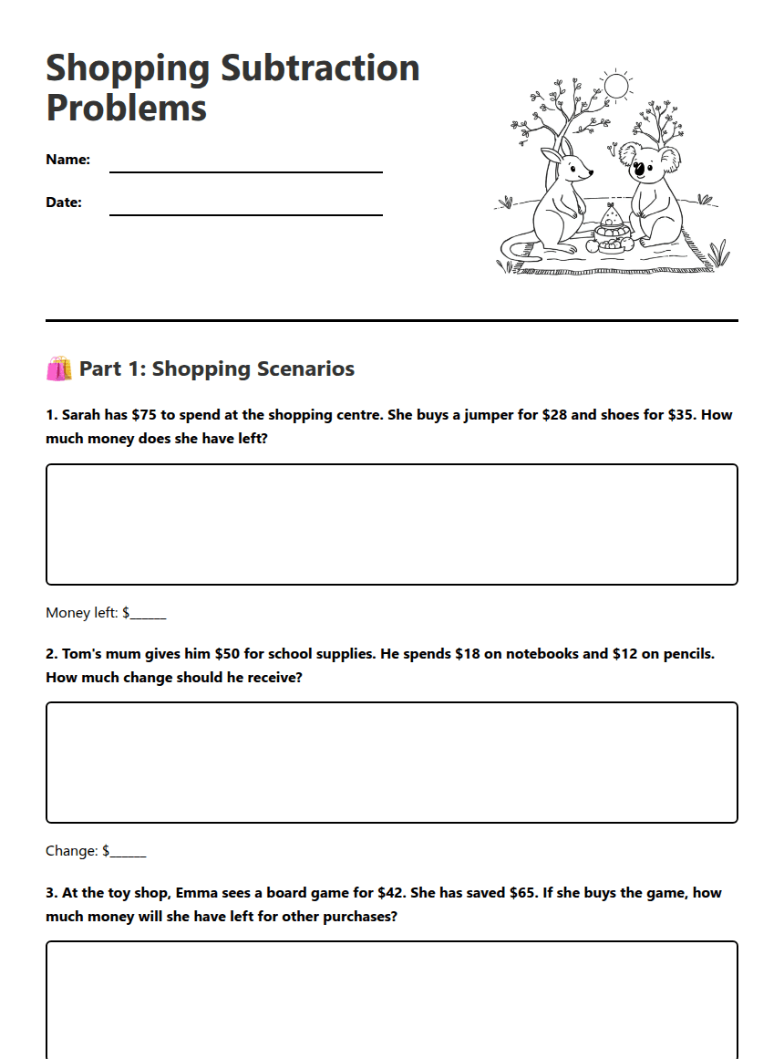 Shopping Subtraction Problems worksheet preview
