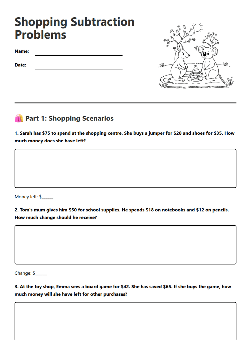 Shopping Subtraction Problems