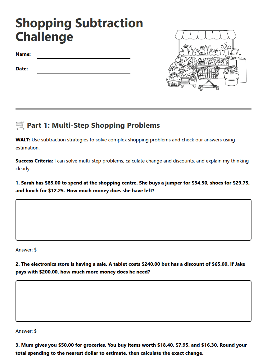Shopping Subtraction Challenge worksheet preview