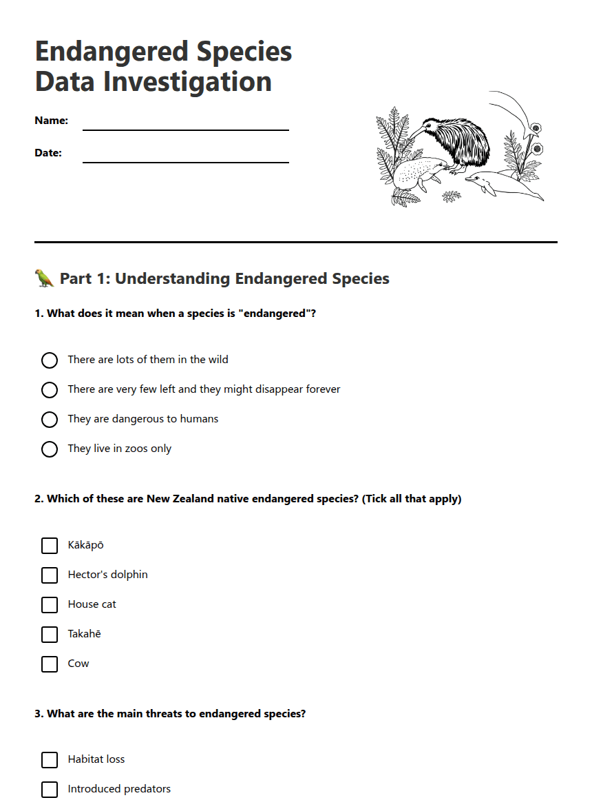 Endangered Species Data Investigation worksheet preview