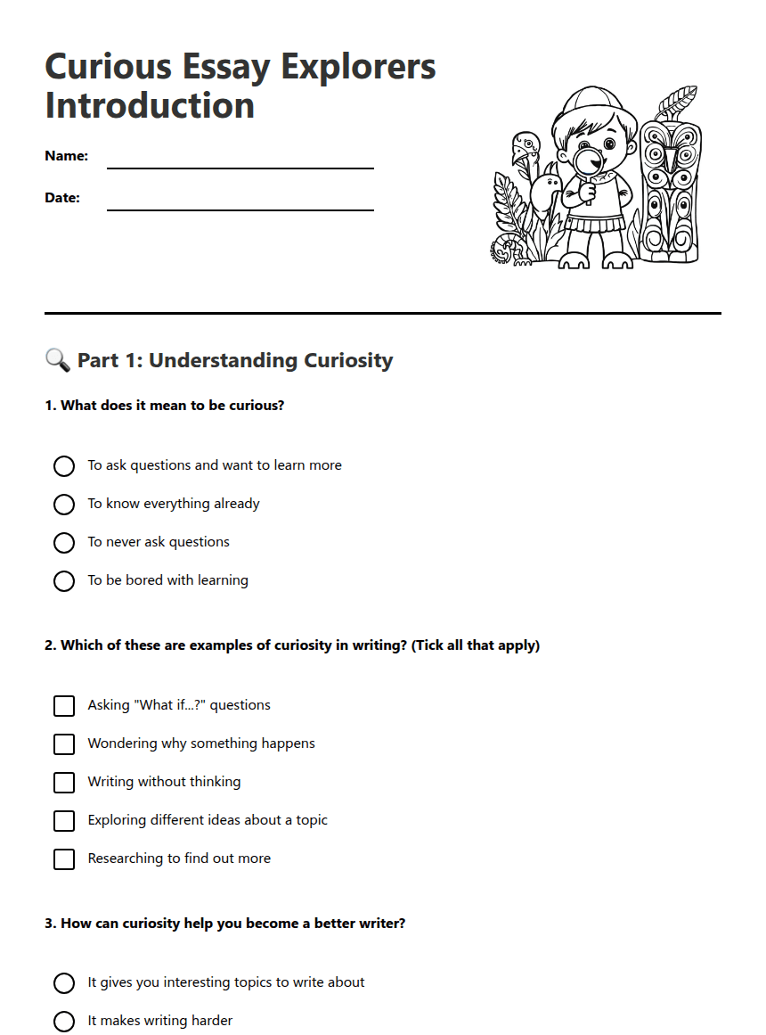 Curious Essay Explorers Introduction worksheet preview
