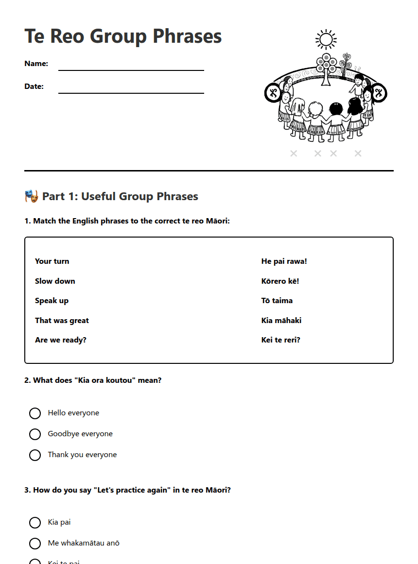 Te Reo Group Phrases worksheet preview
