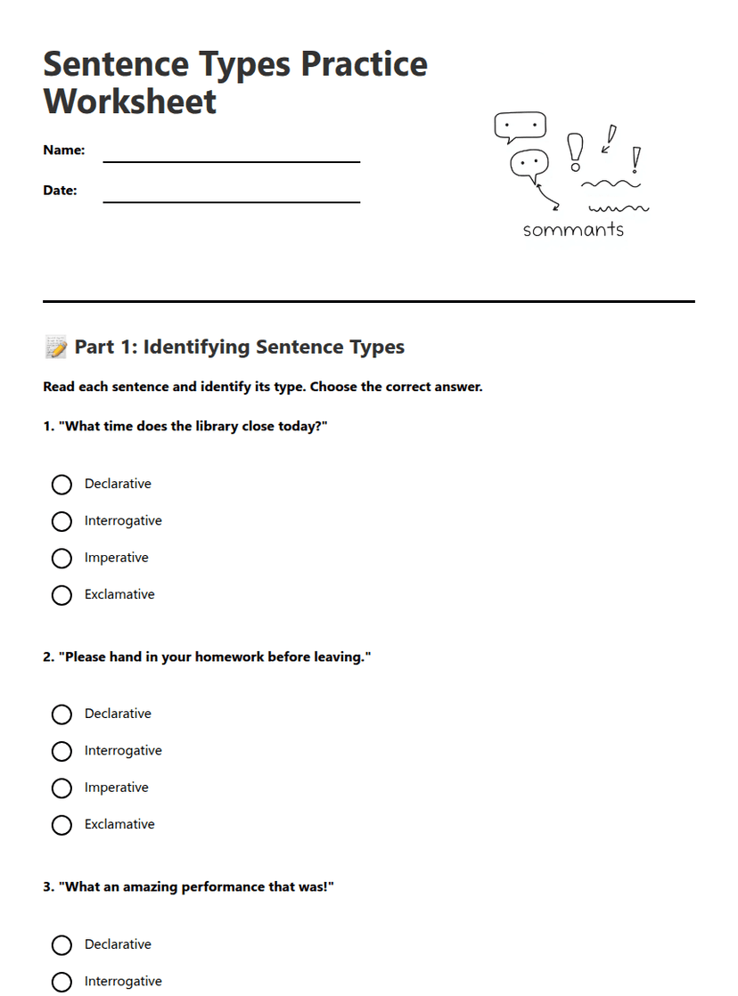 Sentence Types Practice Worksheet