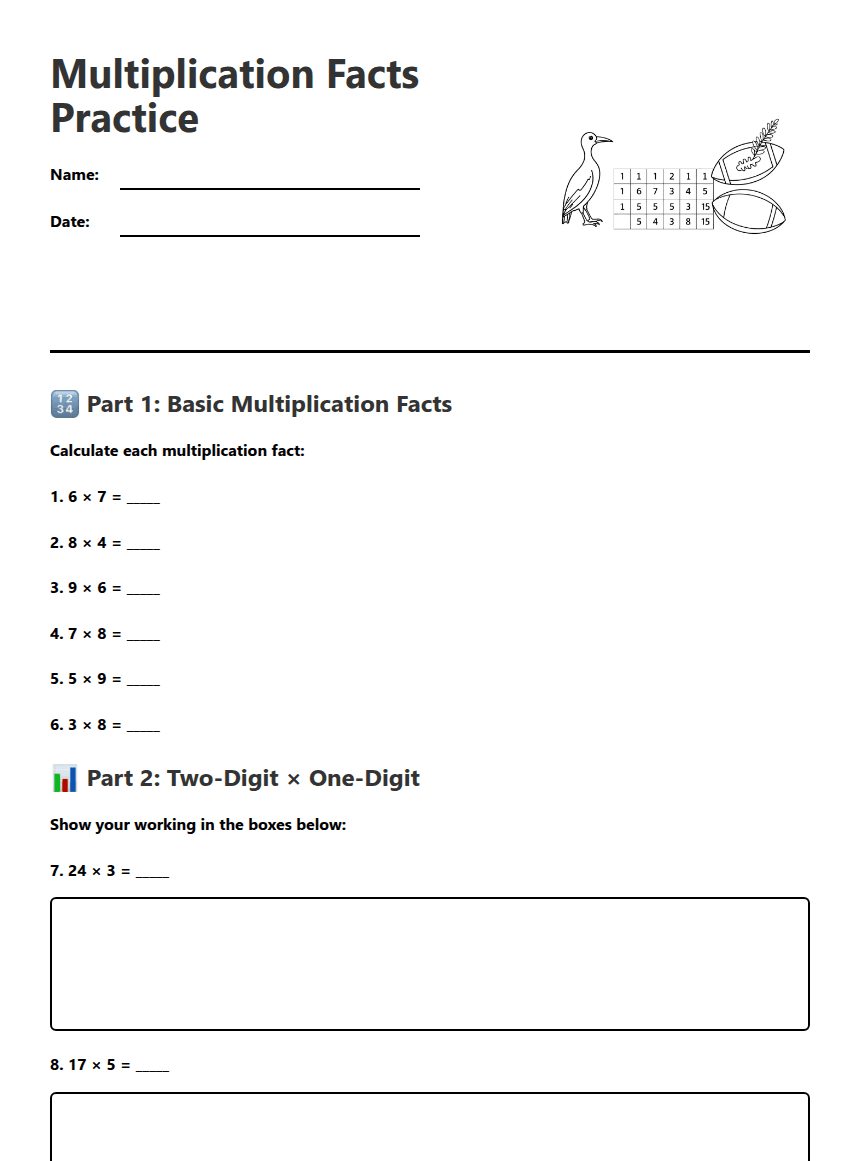 Multiplication Facts Practice worksheet preview