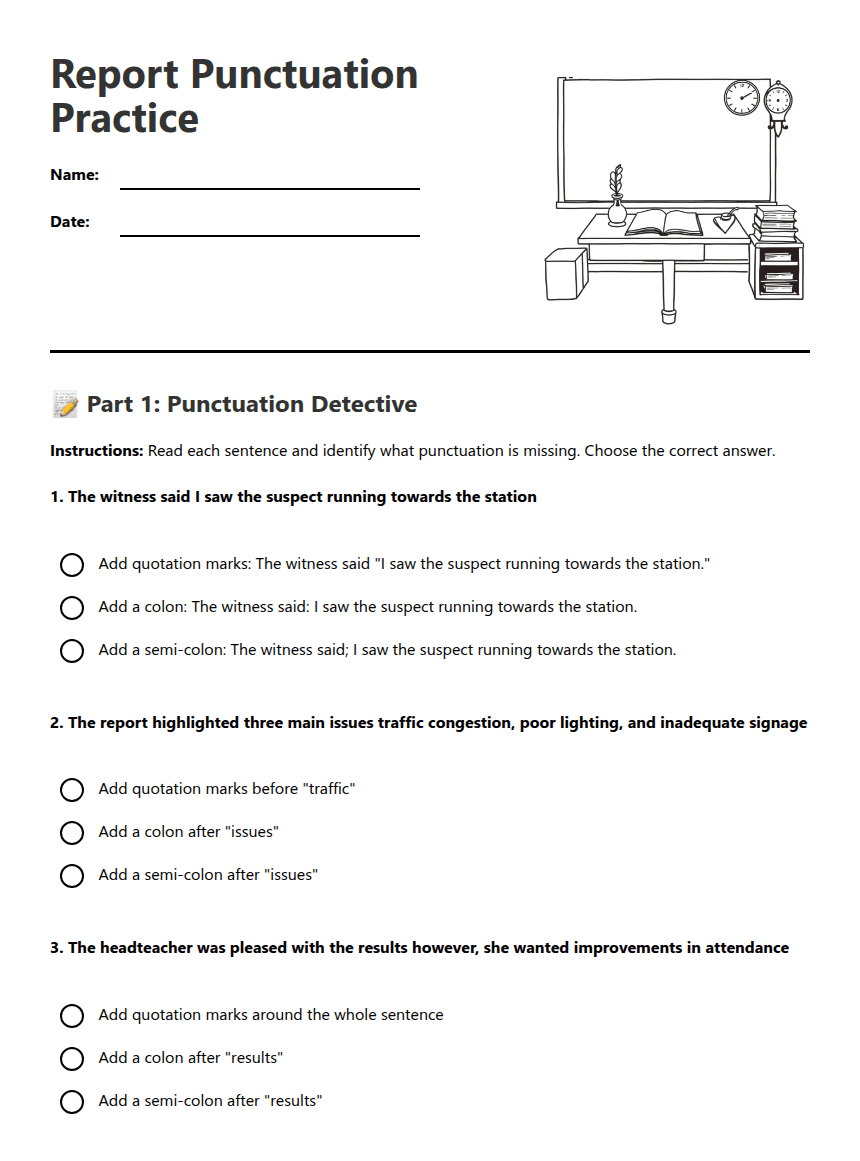 Report Punctuation Practice worksheet preview