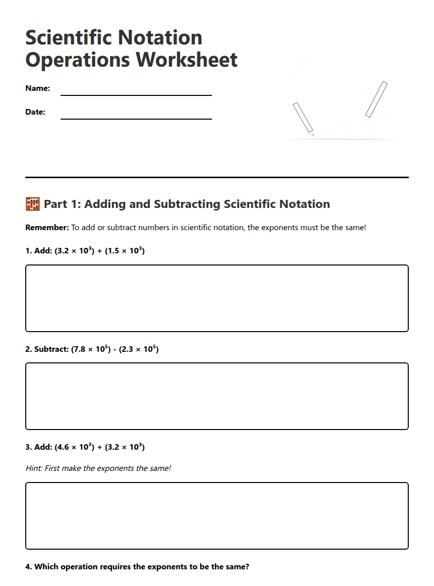 Scientific Notation Operations Worksheet worksheet preview