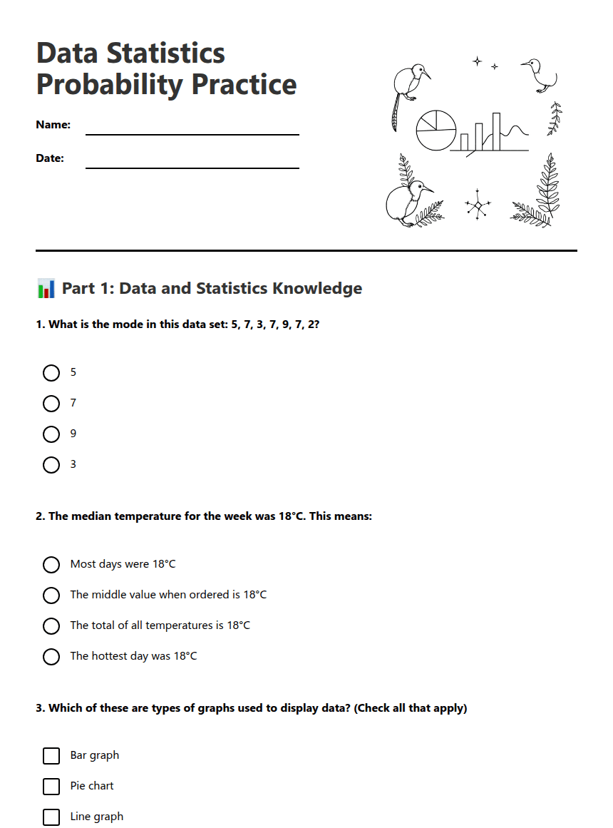 Data Statistics Probability Practice worksheet preview