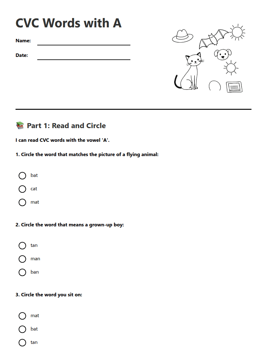 CVC Words with A worksheet preview