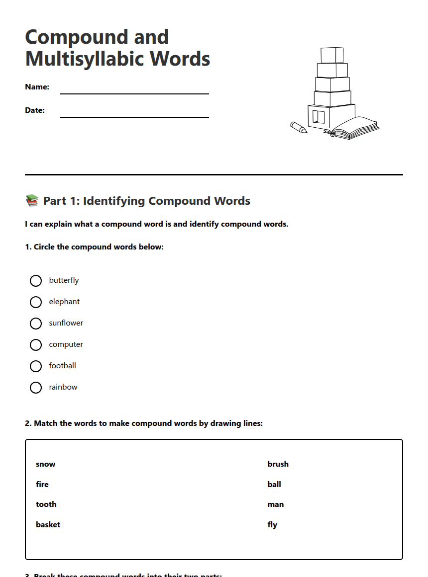 Compound and Multisyllabic Words worksheet preview