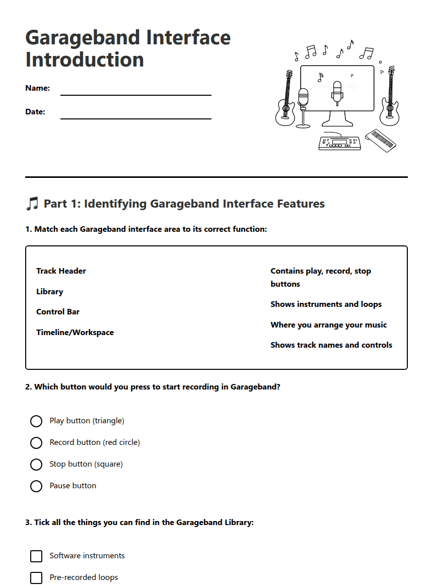 Garageband Interface Introduction worksheet preview