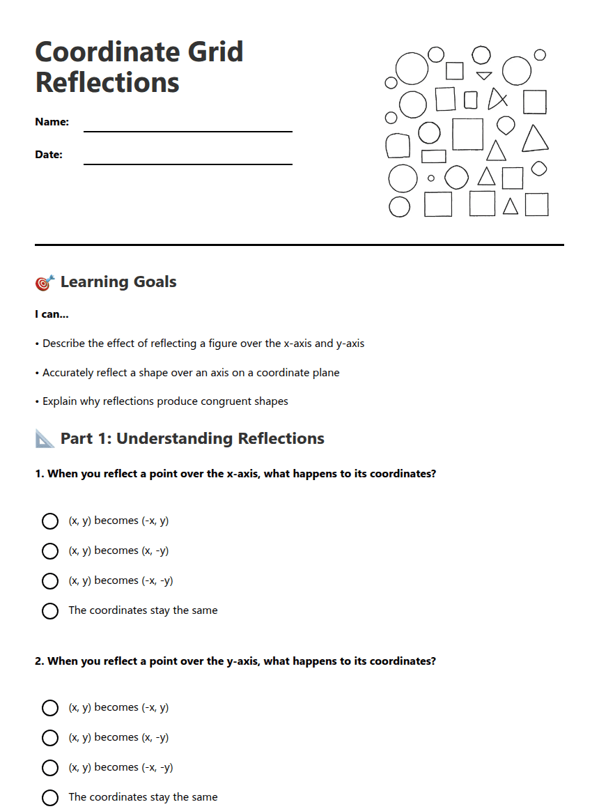 Coordinate Grid Reflections worksheet preview