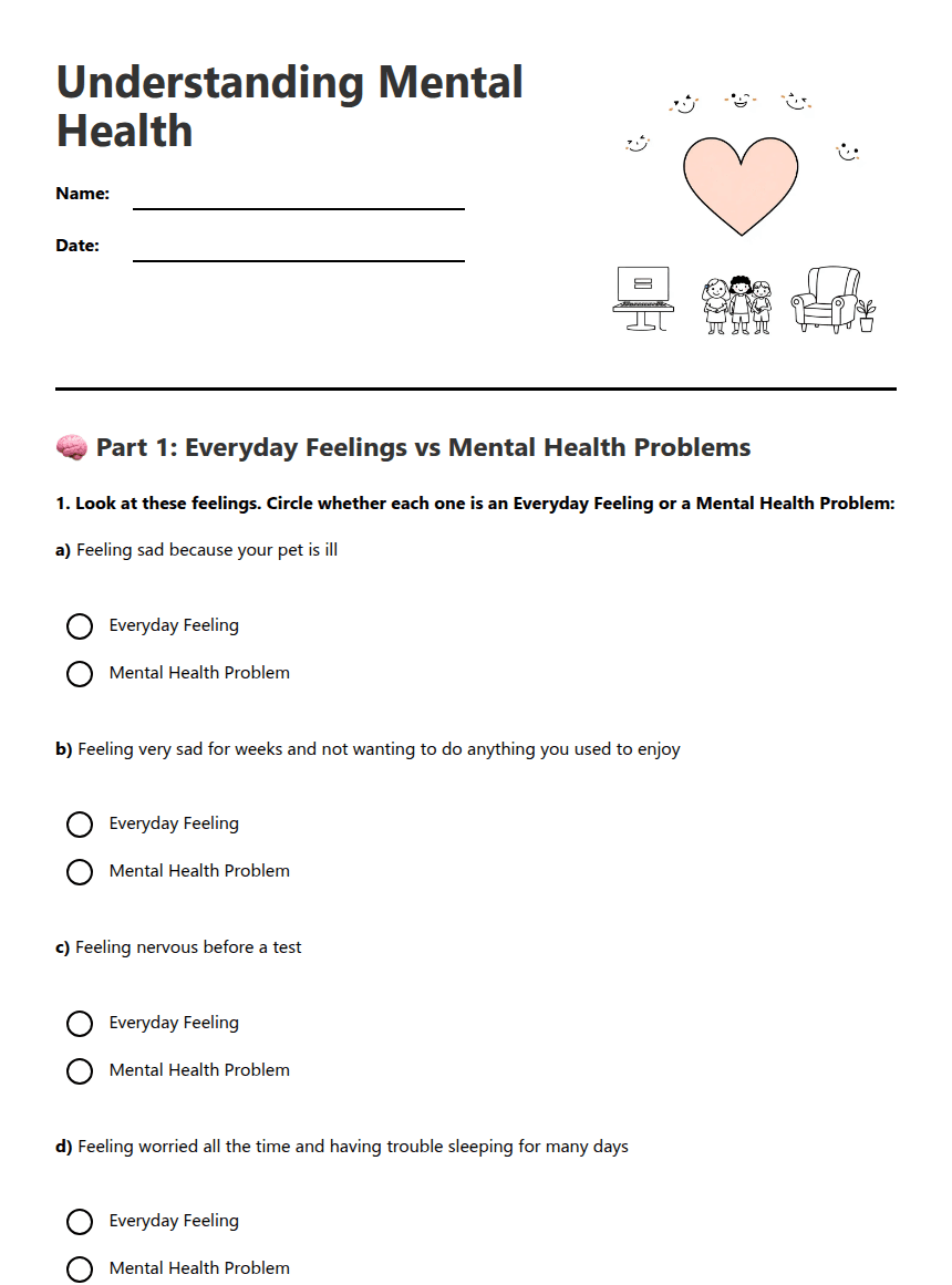 Understanding Mental Health worksheet preview