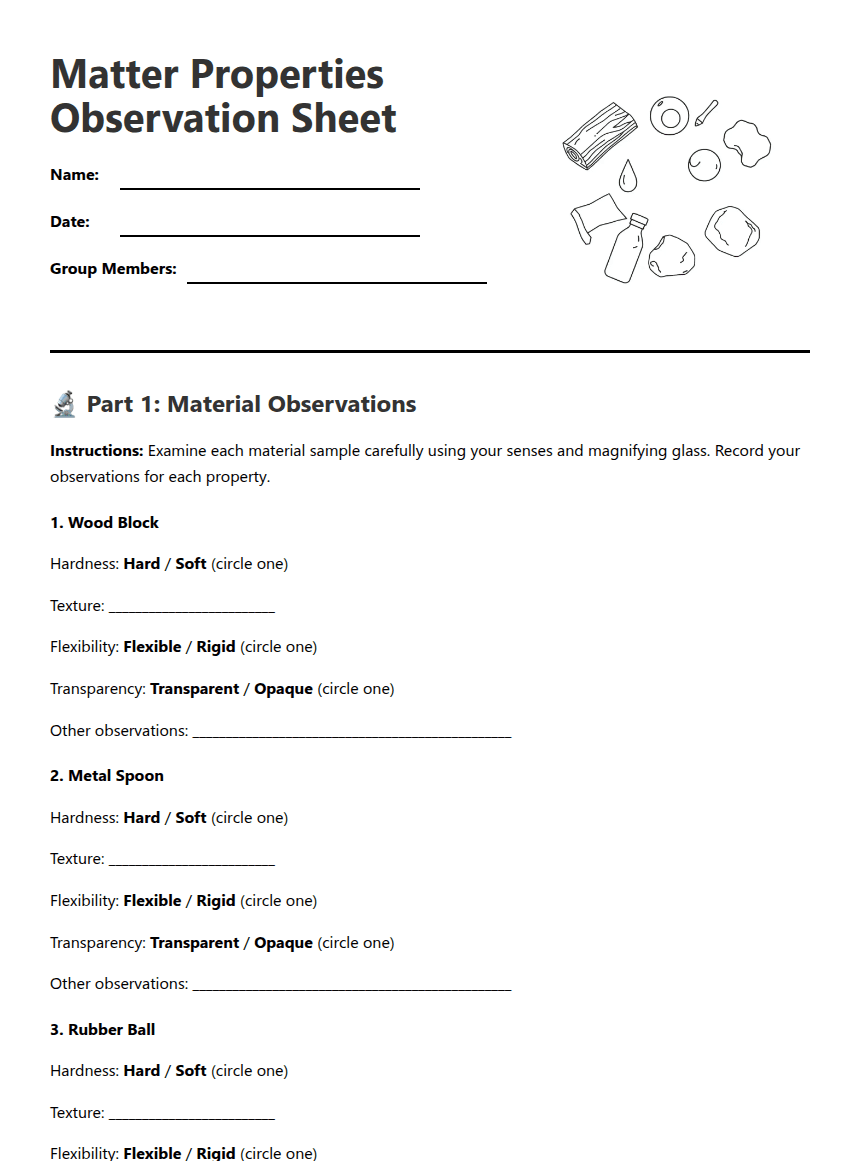 Matter Properties Observation Sheet worksheet preview