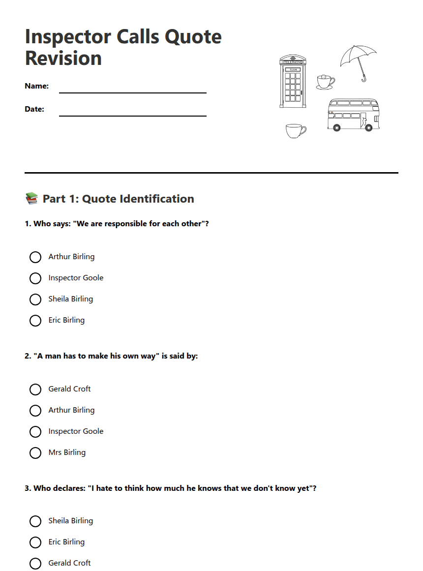 Inspector Calls Quote Revision worksheet preview