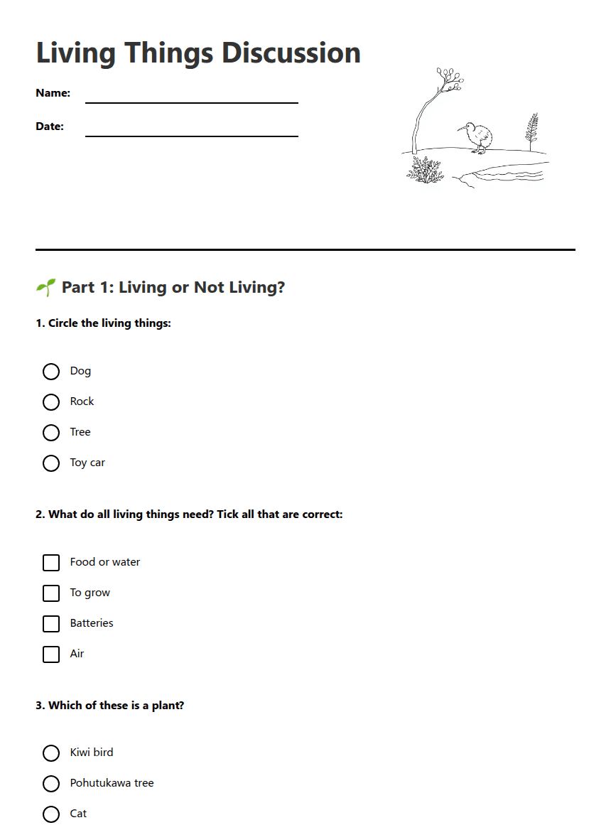 Living Things Discussion worksheet preview