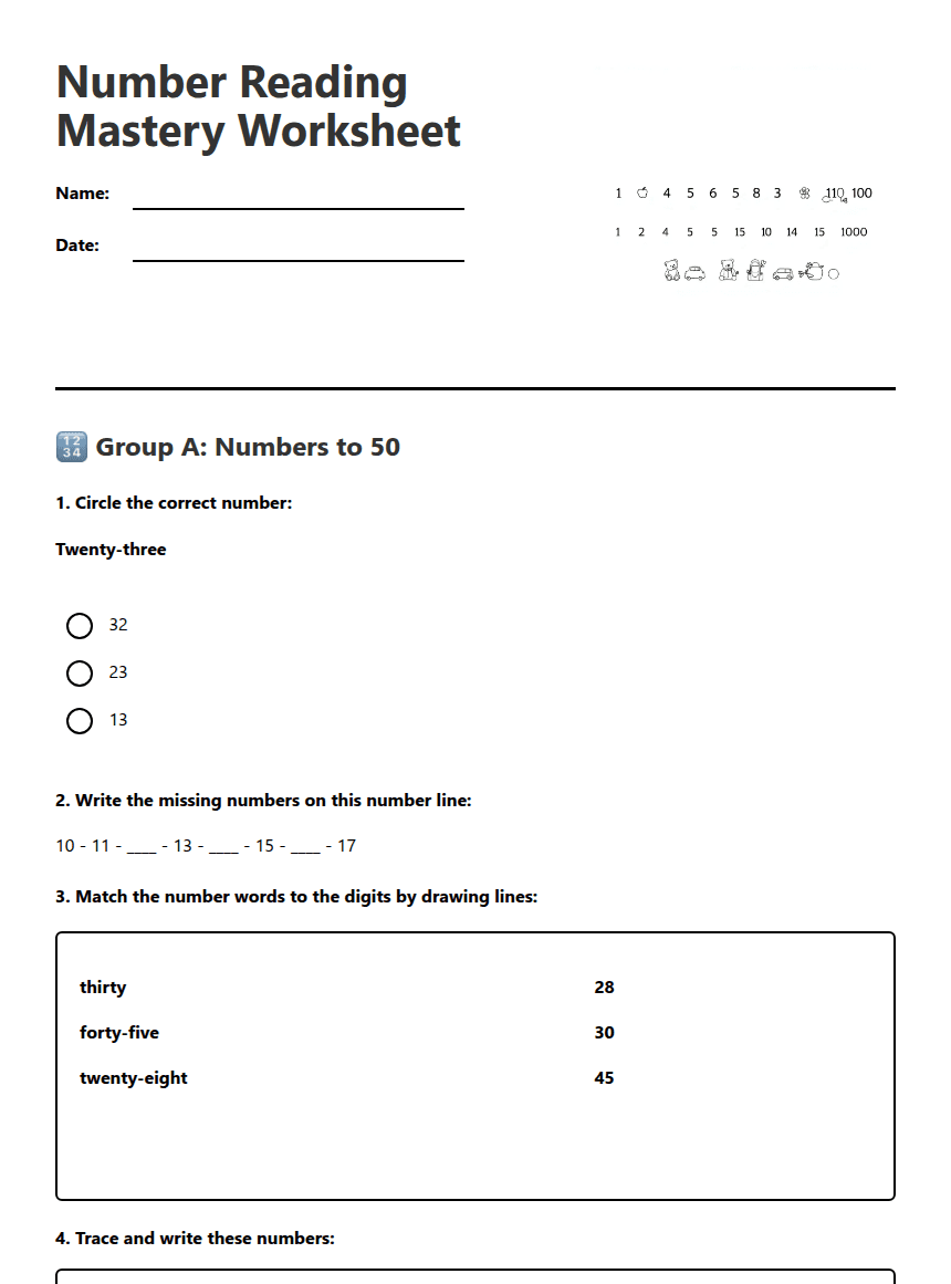 Number Reading Mastery Worksheet worksheet preview