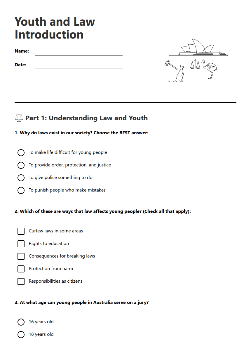 Youth and Law Introduction worksheet preview