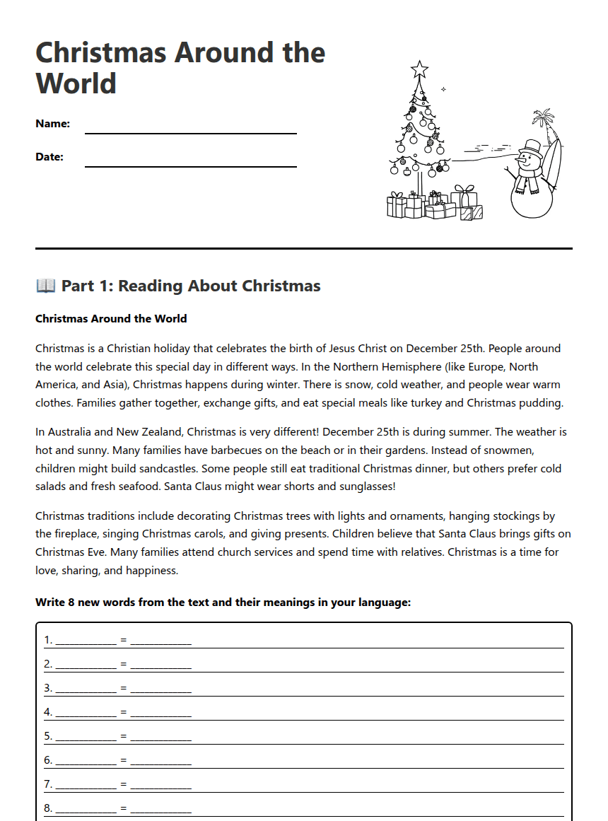 Christmas Around the World worksheet preview