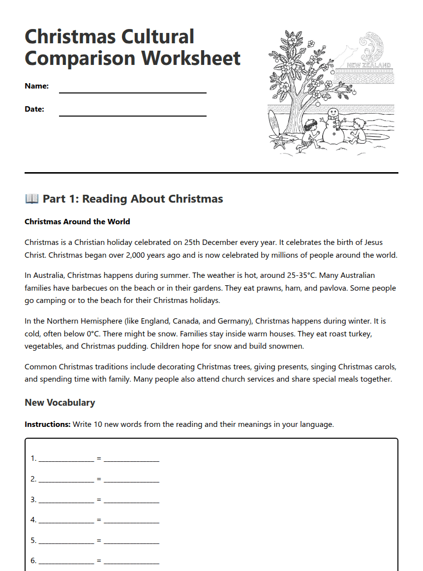 Christmas Cultural Comparison Worksheet worksheet preview