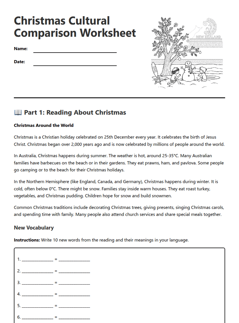 Christmas Cultural Comparison Worksheet