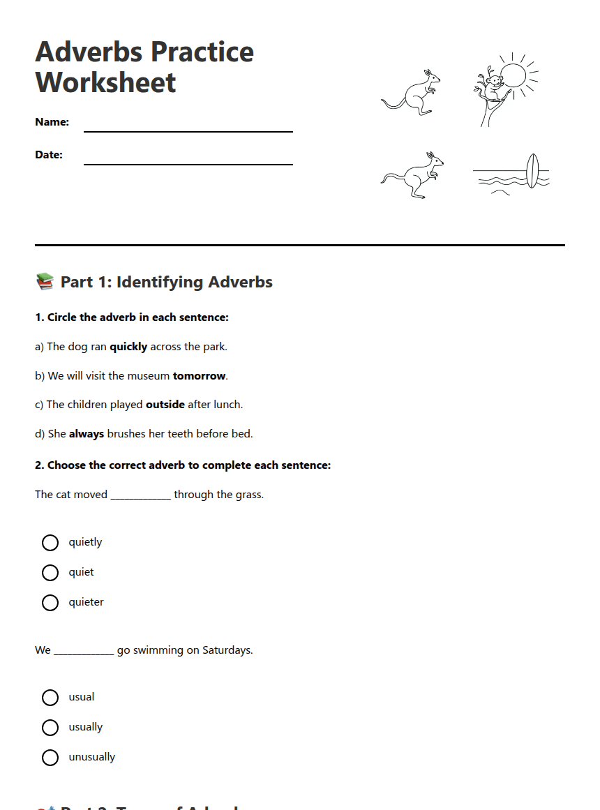 Adverbs Practice Worksheet worksheet preview