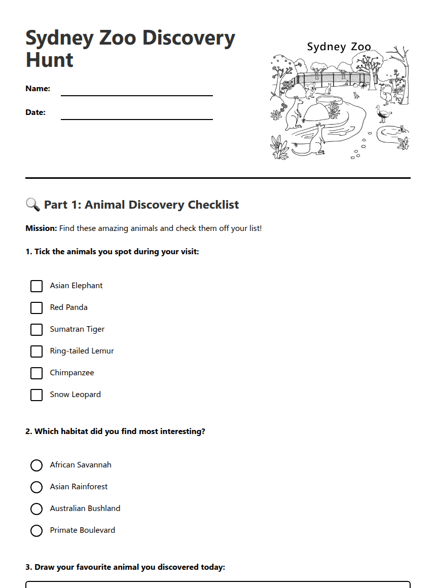 Sydney Zoo Discovery Hunt worksheet preview