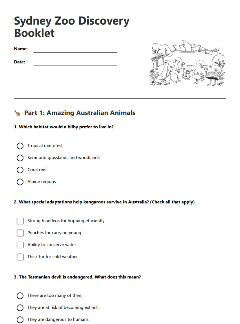 Sydney Zoo Discovery Booklet