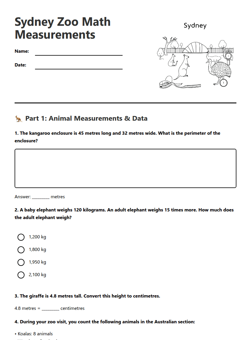 Sydney Zoo Math Measurements worksheet preview