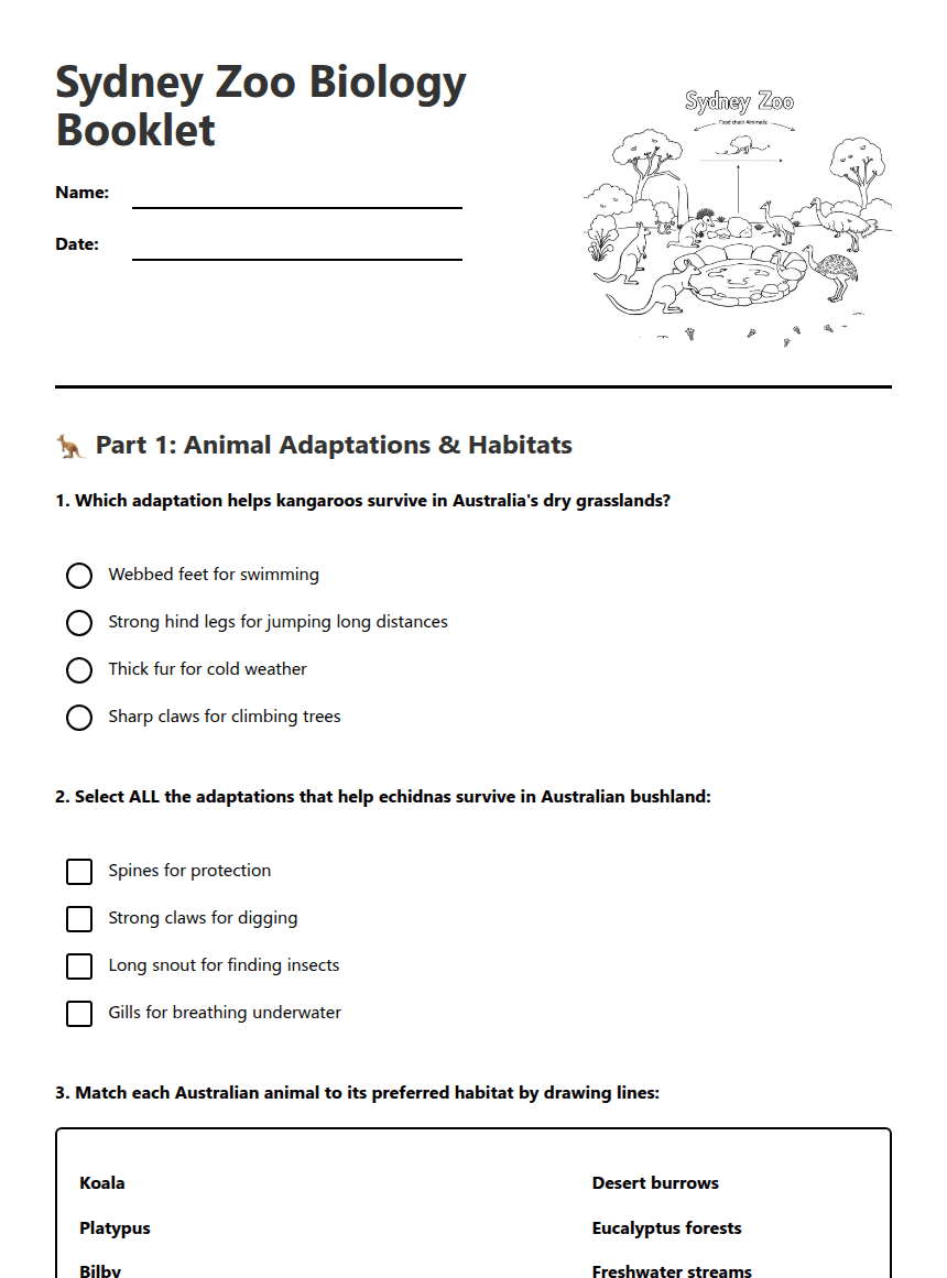 Sydney Zoo Biology Booklet worksheet preview