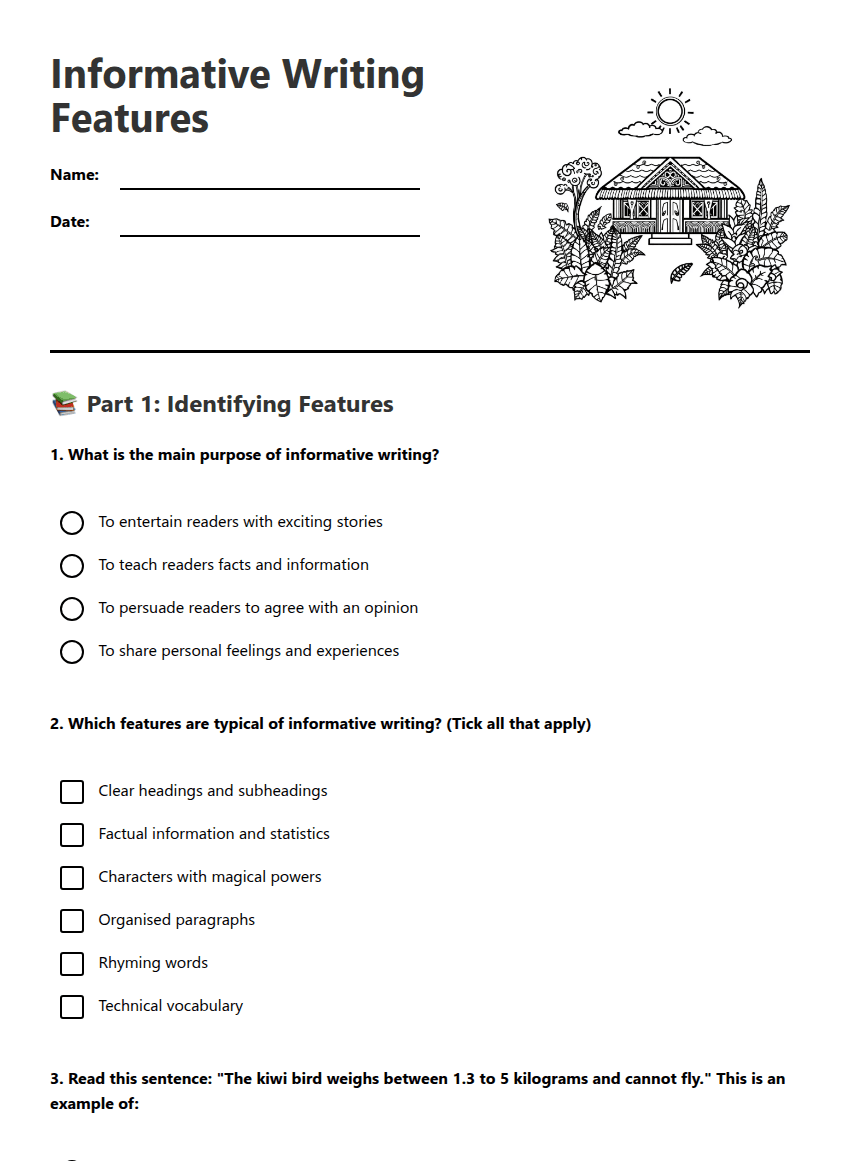Informative Writing Features worksheet preview