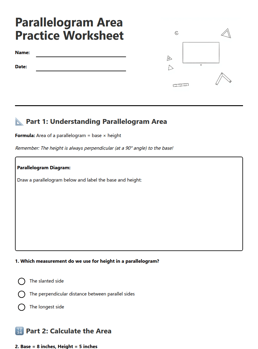 Parallelogram Area Practice Worksheet worksheet preview