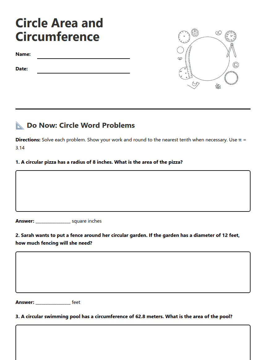 Circle Area and Circumference worksheet preview
