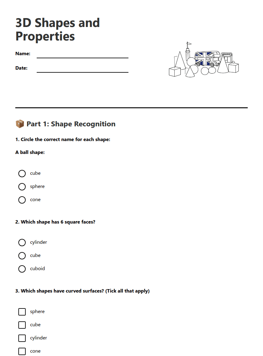 3D Shapes and Properties worksheet preview