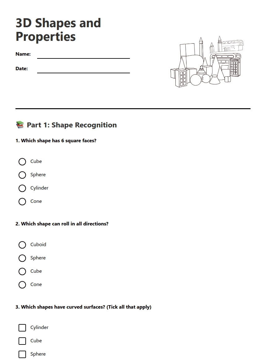 3D Shapes and Properties worksheet preview