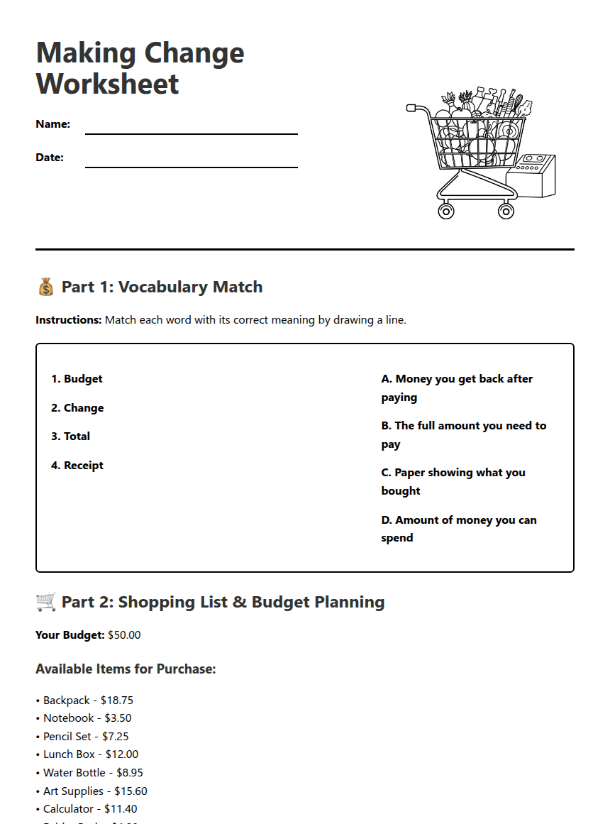 Making Change Worksheet worksheet preview
