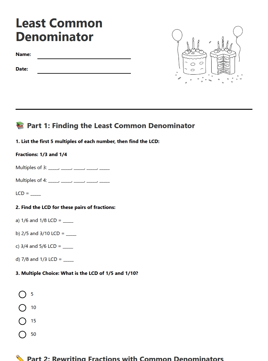 Least Common Denominator worksheet preview