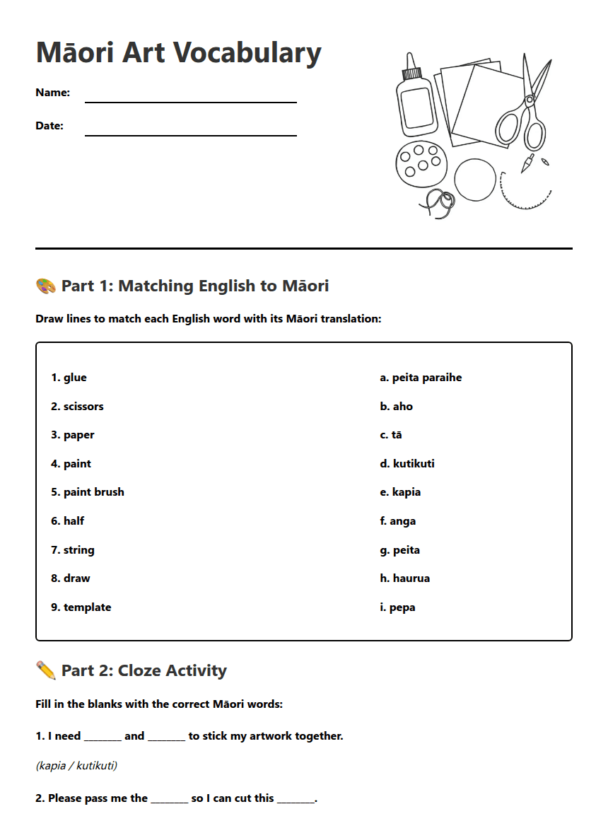 Māori Art Vocabulary worksheet preview