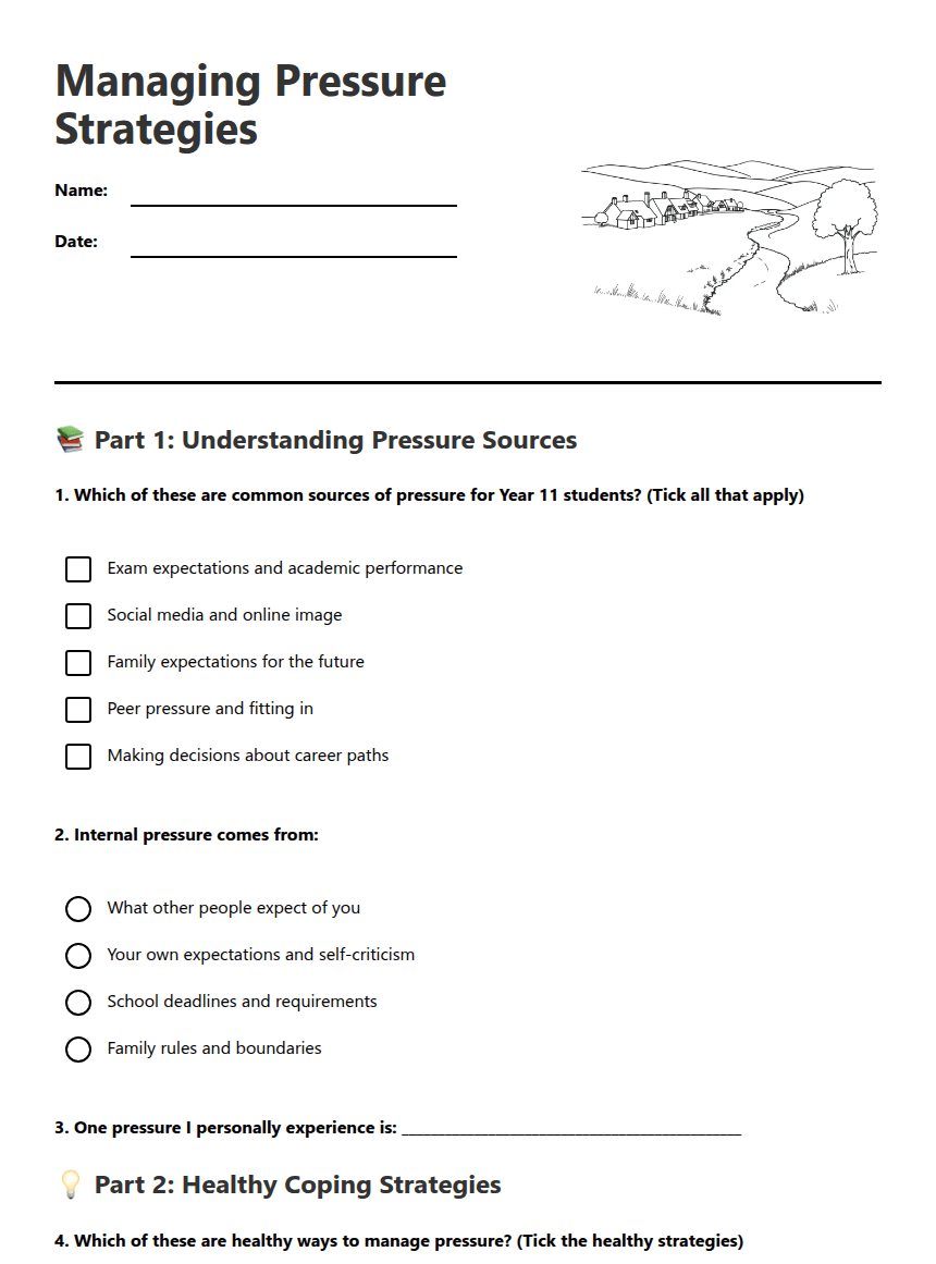 Managing Pressure Strategies worksheet preview
