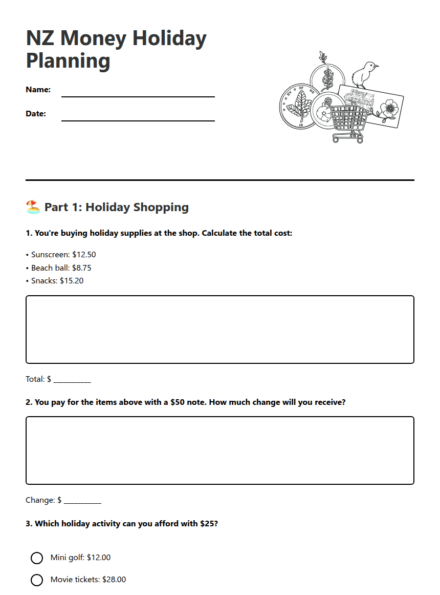 NZ Money Holiday Planning worksheet preview