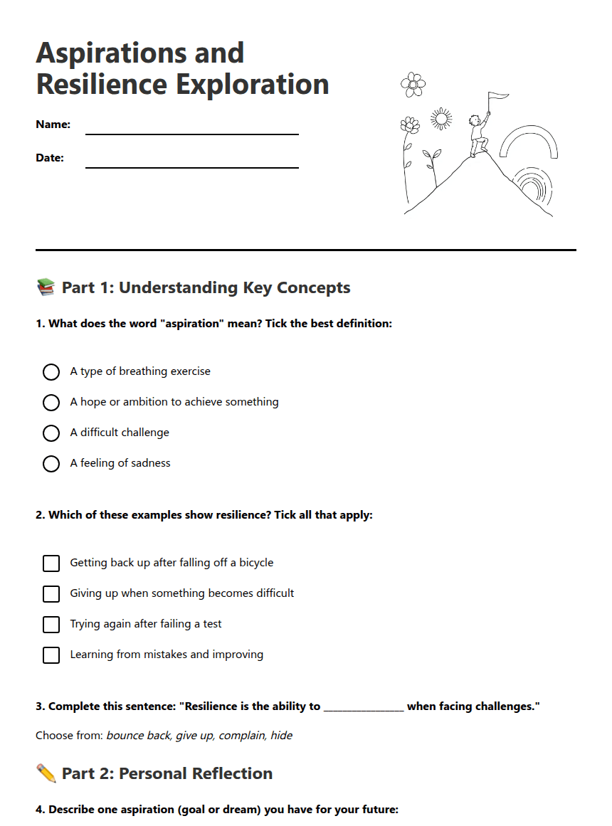 Aspirations and Resilience Exploration worksheet preview