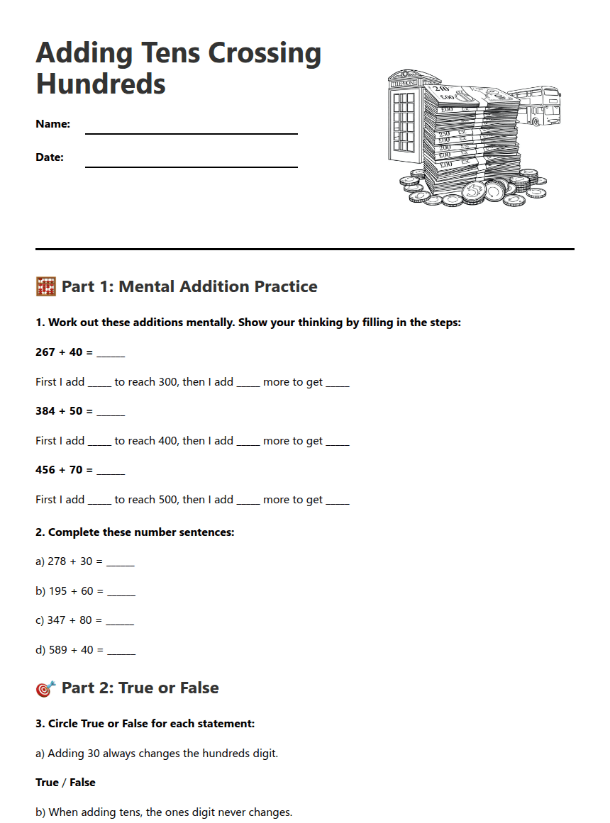 Adding Tens Crossing Hundreds worksheet preview