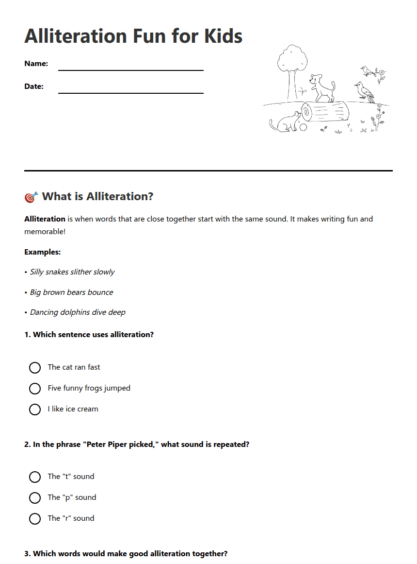 Alliteration Fun for Kids worksheet preview