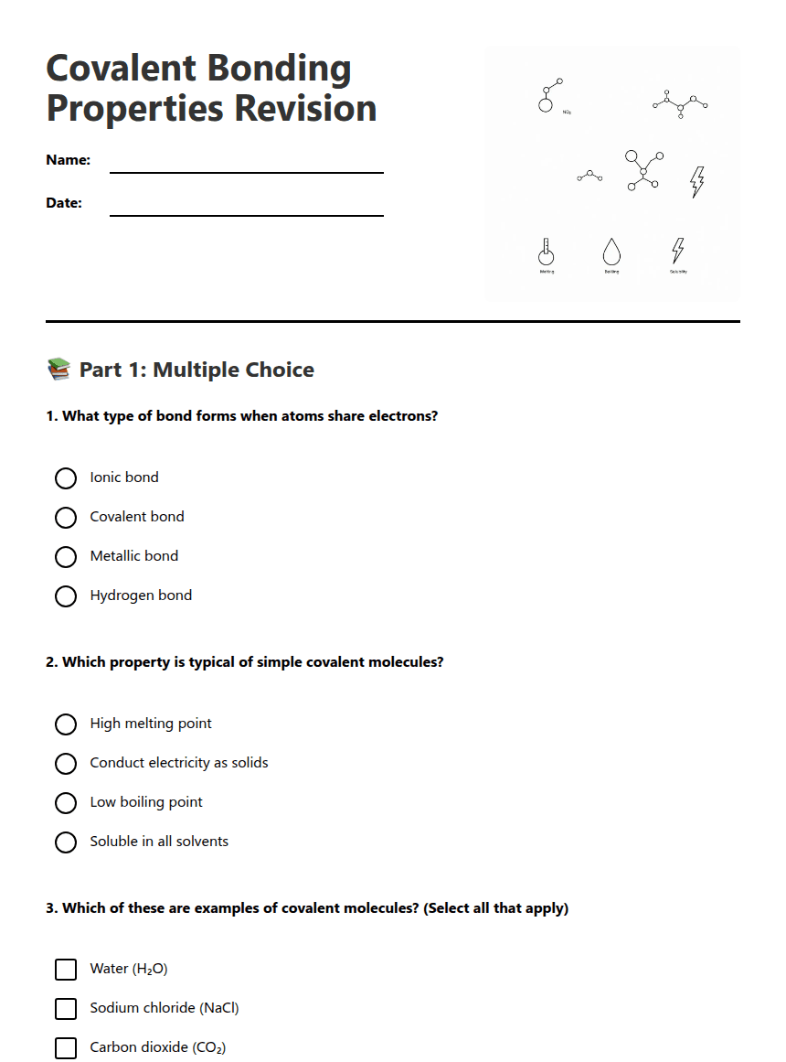 Covalent Bonding Properties Revision worksheet preview