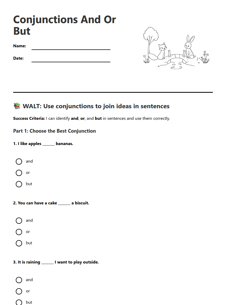 Conjunctions And Or But worksheet preview
