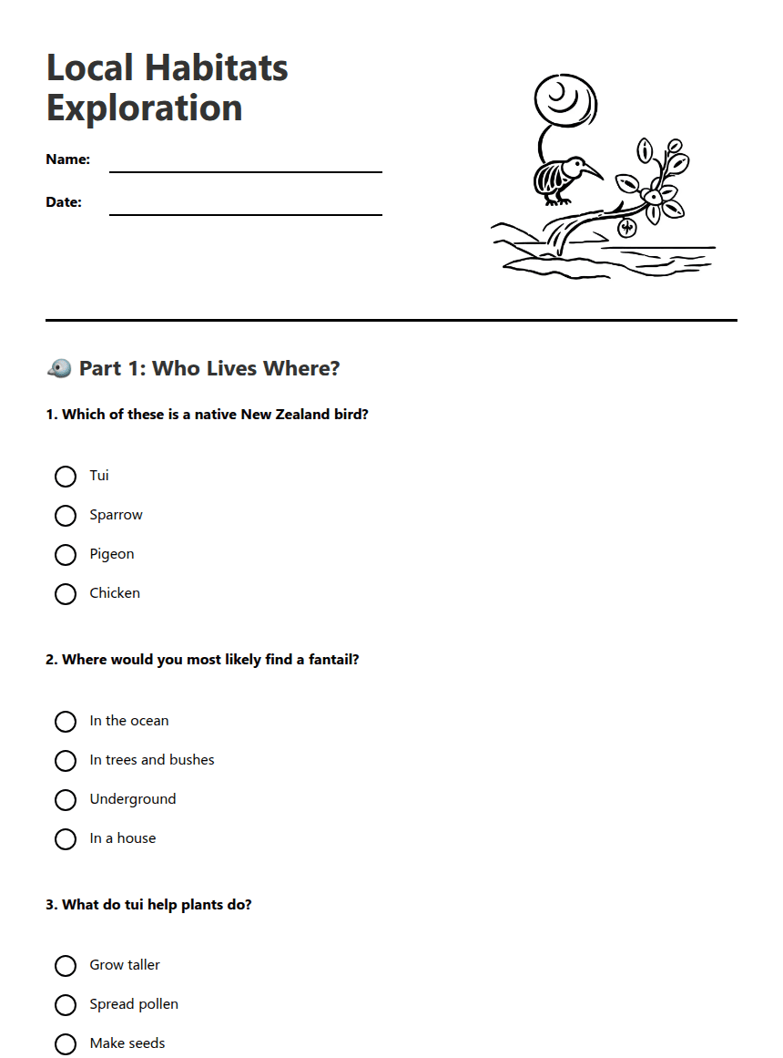 Local Habitats Exploration worksheet preview