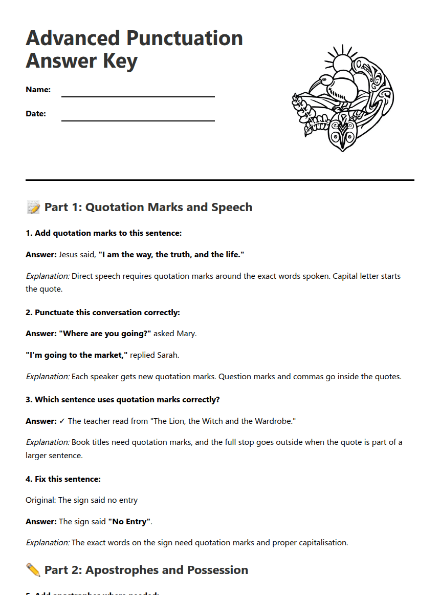 Advanced Punctuation Answer Key worksheet preview